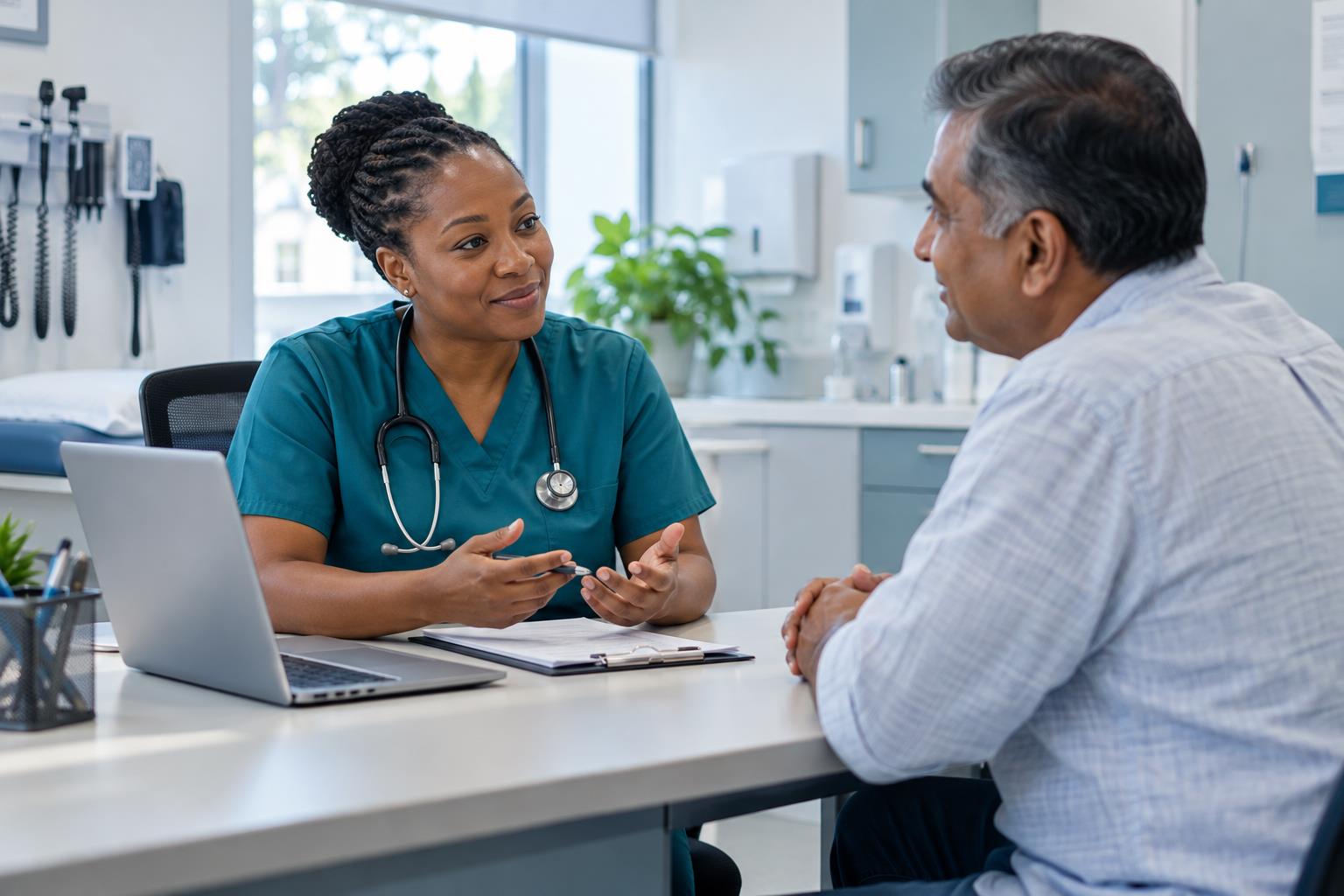 Doctor speaking with a patient in a bright consultation room