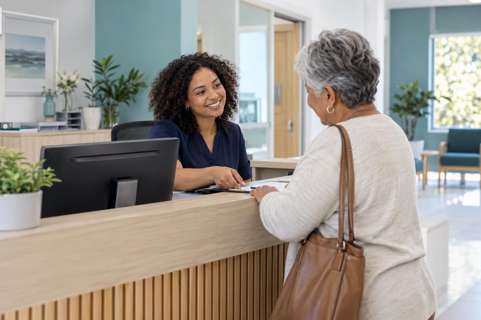 Receptionist welcoming a patient at a clinic