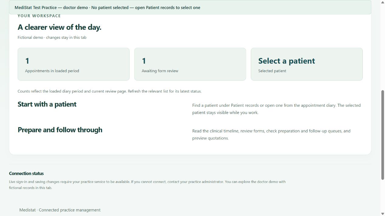 Doctor browser demo screenshot; numbered features are explained in the adjacent list.