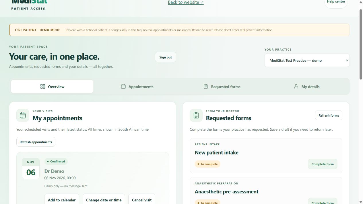 Patient browser demo screenshot; numbered features are explained in the adjacent list.